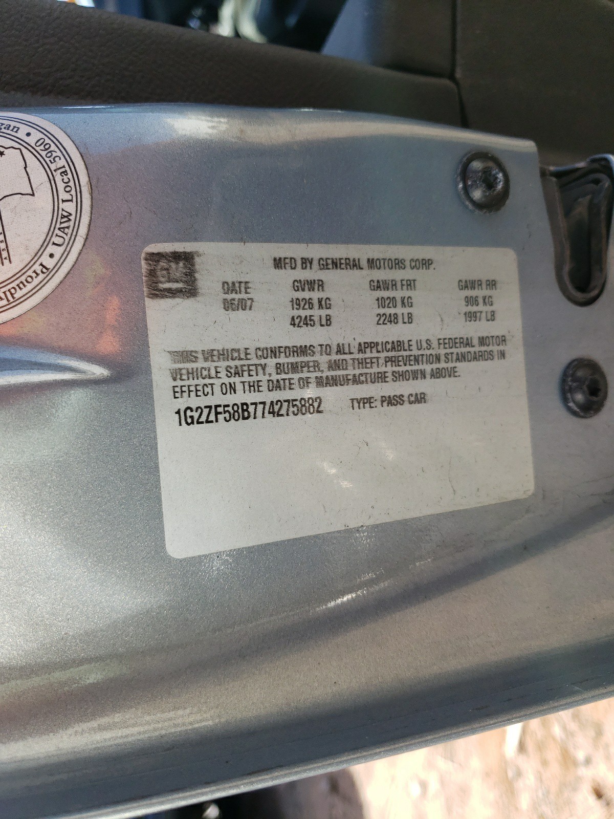 Photo 10 from auction – 2007 PONTIAC G6 with VIN 1G2ZF58B774275882