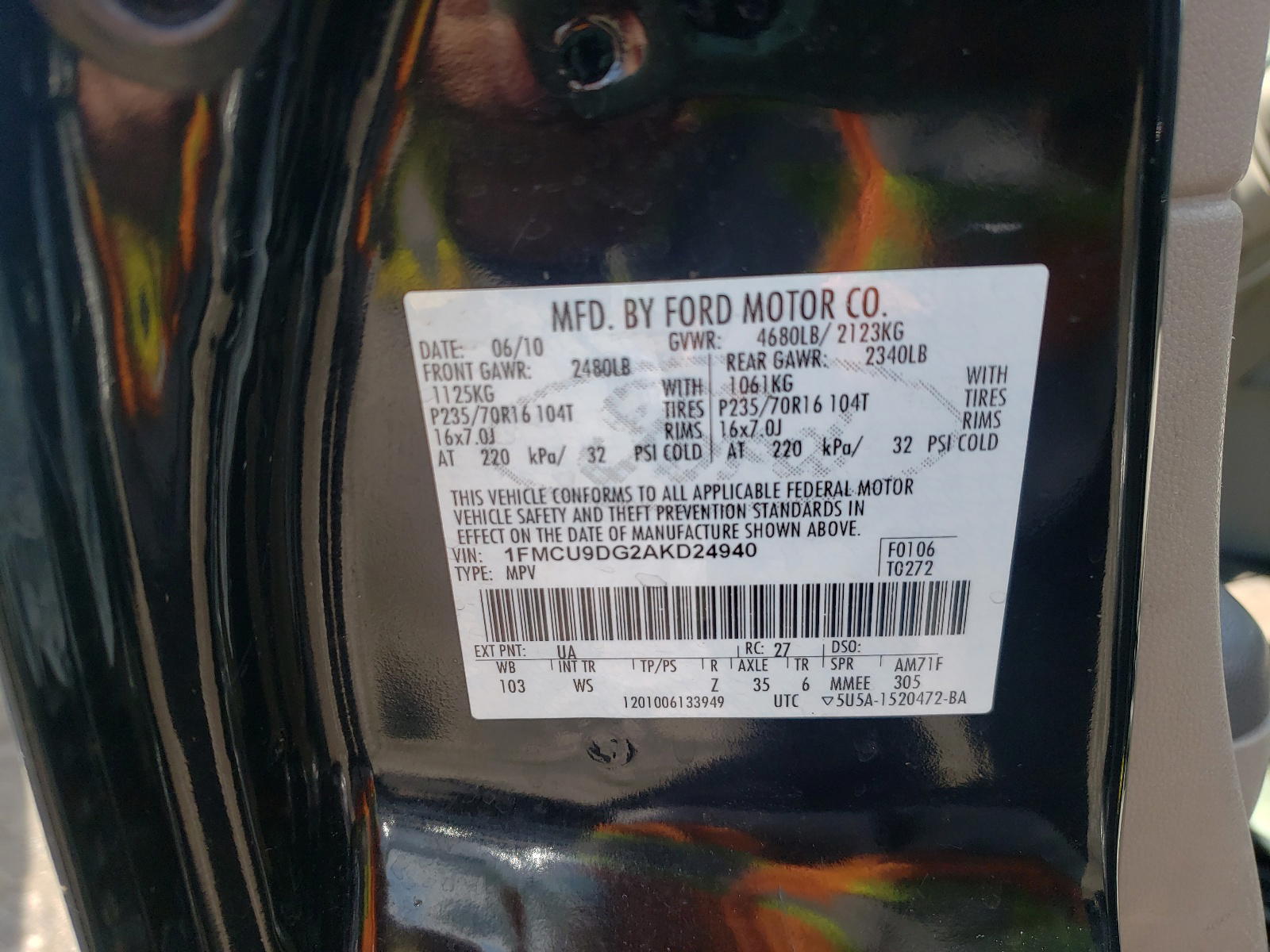 Photo 10 from auction – 2010 FORD ESCAPE XLT with VIN 1FMCU9DG2AKD24940
