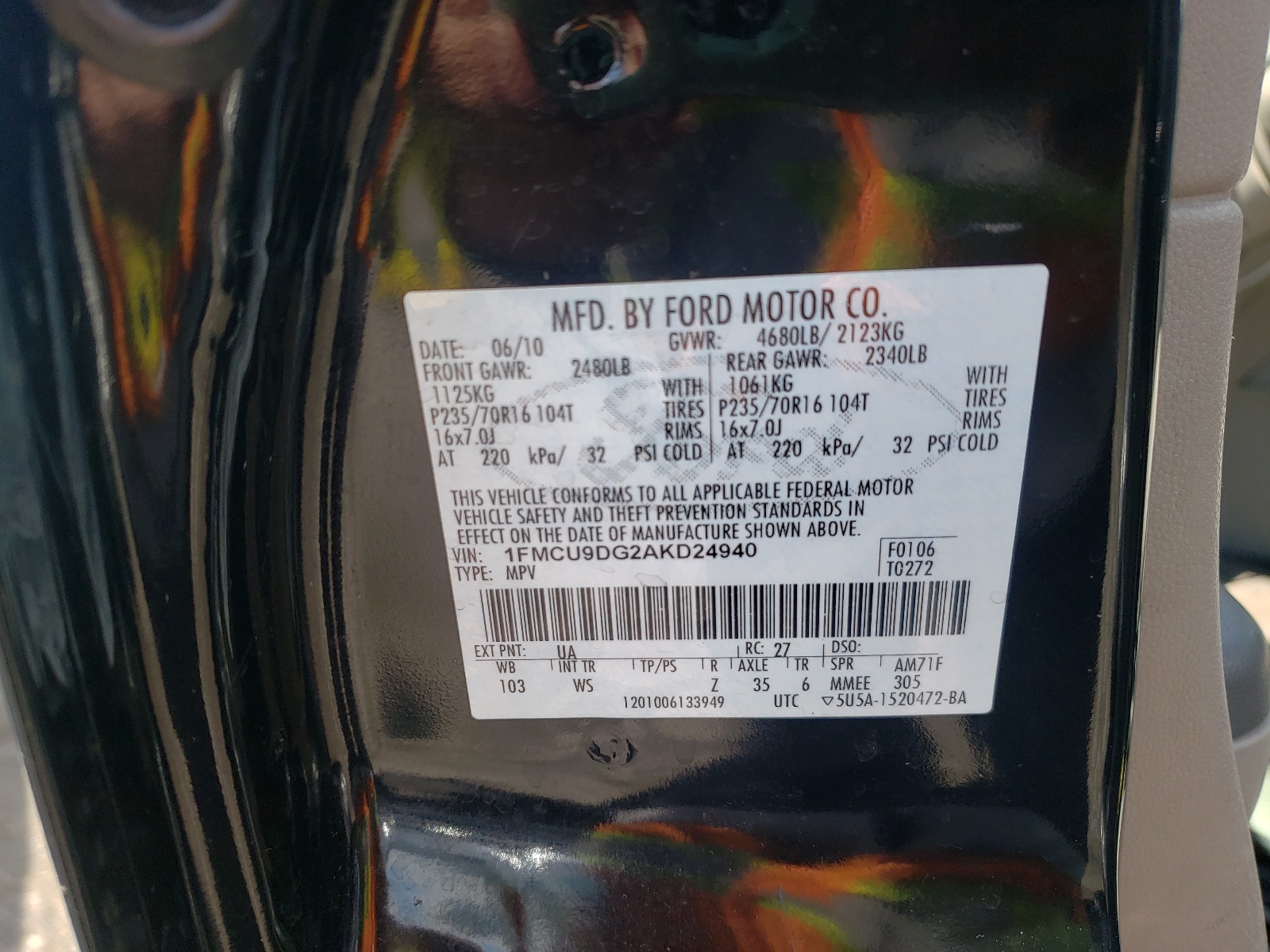Foto 10 de la subasta – 2010 FORD ESCAPE XLT con VIN 1FMCU9DG2AKD24940