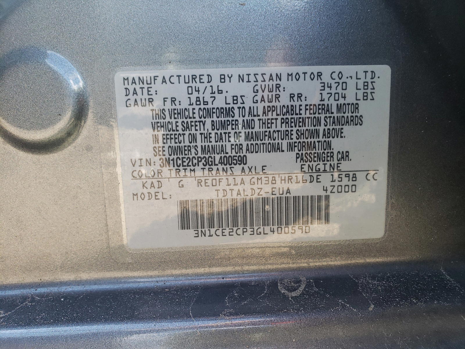 Photo 10 from auction – 2016 NISSAN VERSA NOTE with VIN 3N1CE2CP3GL400590