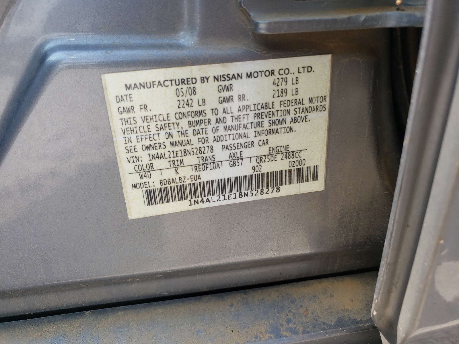 Photo 10 from auction – 2008 NISSAN ALTIMA 2.5 with VIN 1N4AL21E18N528278