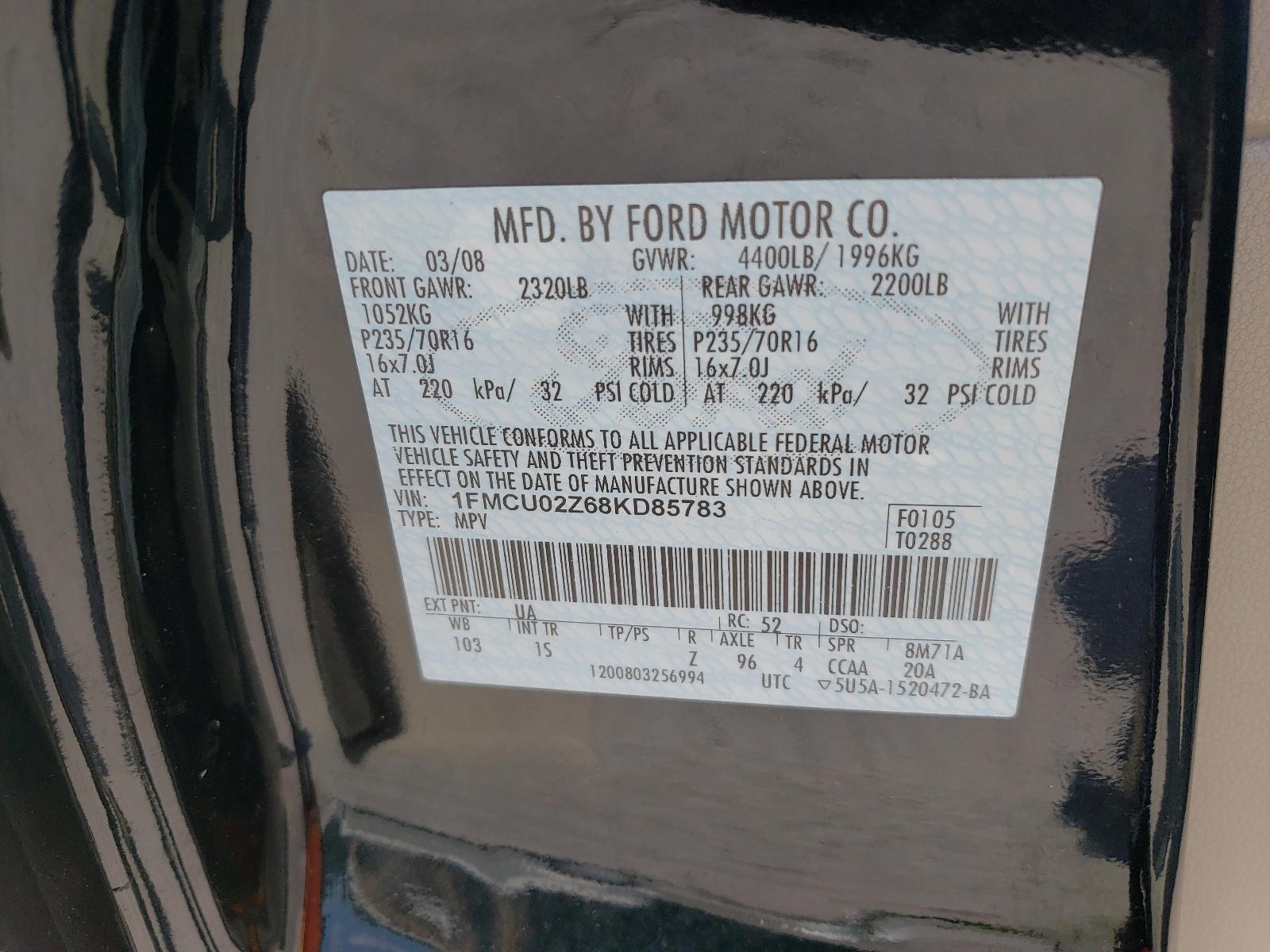 Photo 10 from auction – 2008 FORD ESCAPE XLS with VIN 1FMCU02Z68KD85783