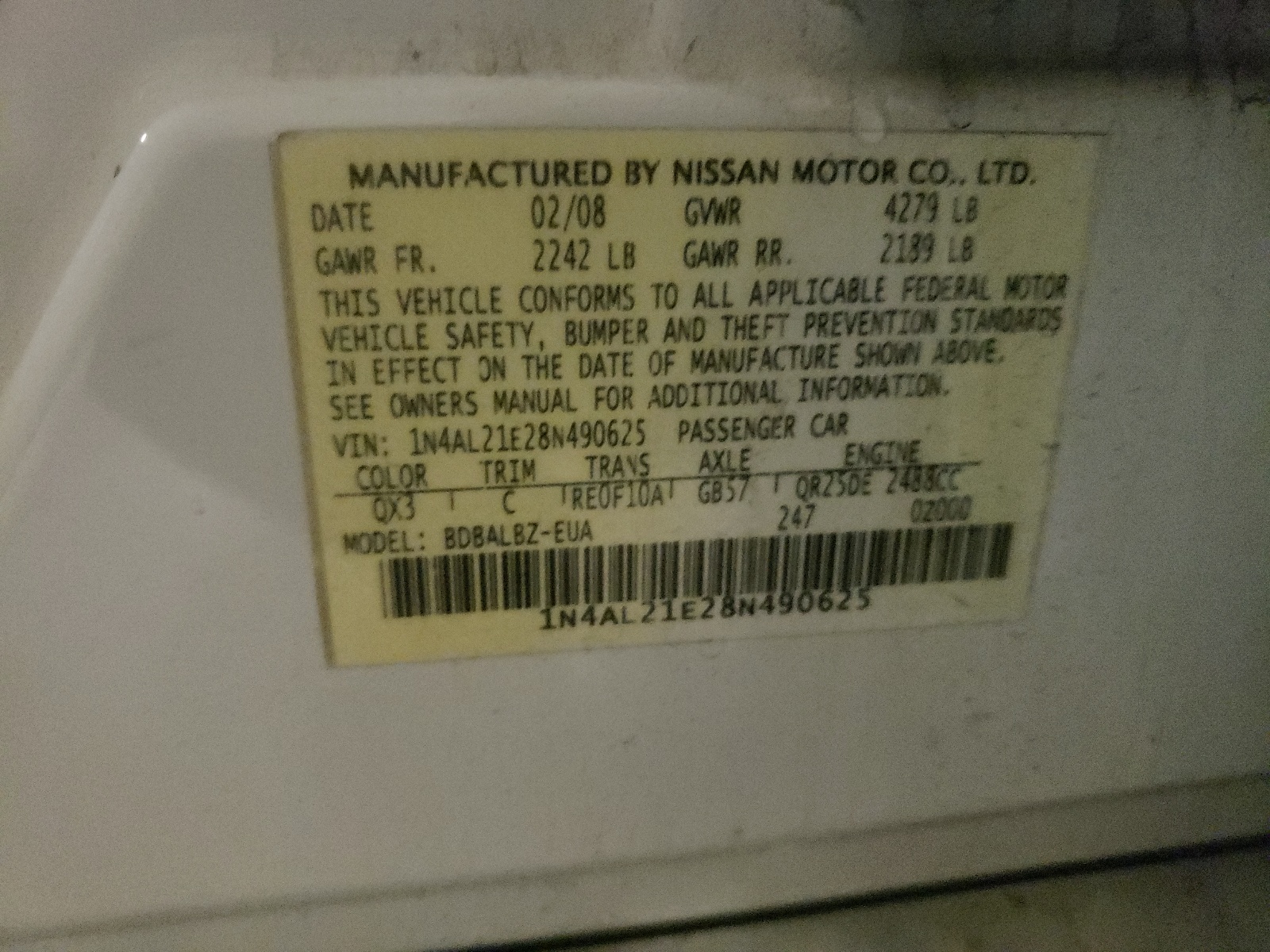 Photo 7 from auction – 2008 NISSAN ALTIMA with VIN 1N4AL21E28N490625