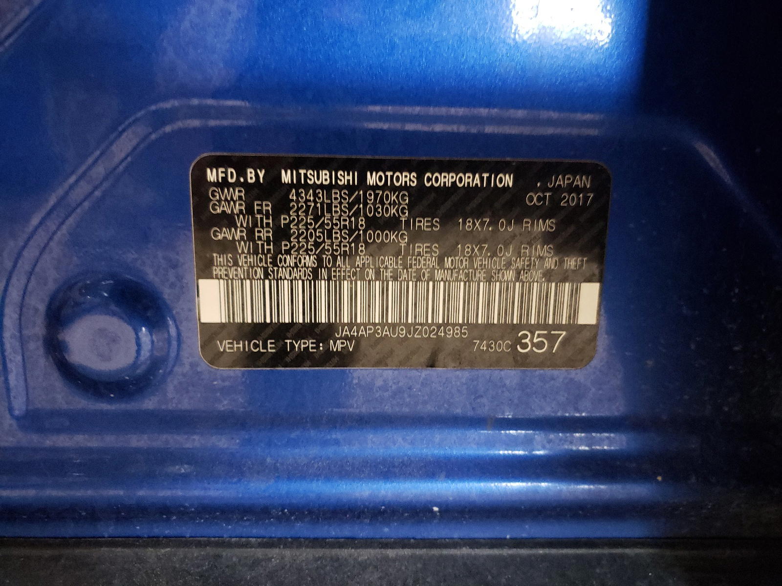 Photo 10 from auction – 2018 MITSUBISHI OUTLANDER with VIN JA4AP3AU9JZ024985
