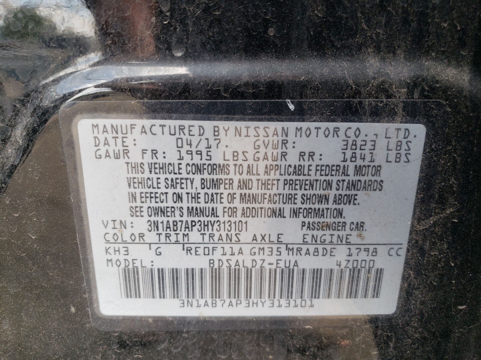 Photo 10 from auction – 2017 NISSAN SENTRA S with VIN 3N1AB7AP3HY313101
