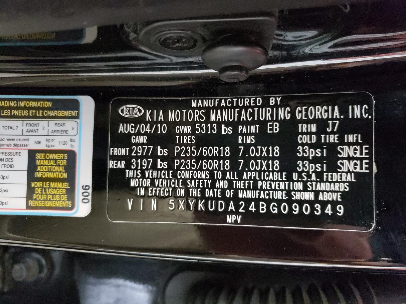 Photo 10 from auction – 2011 KIA SORENTO EX with VIN 5XYKUDA24BG090349