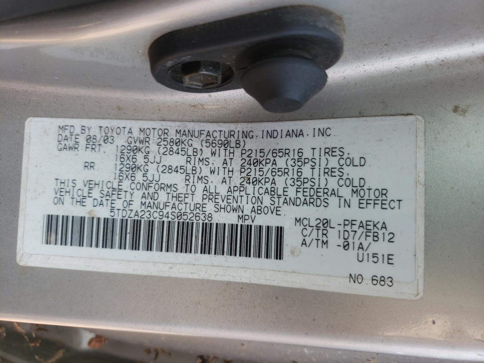Photo 10 from auction – 2004 TOYOTA SIENNA with VIN 5TDZA23C94S052638