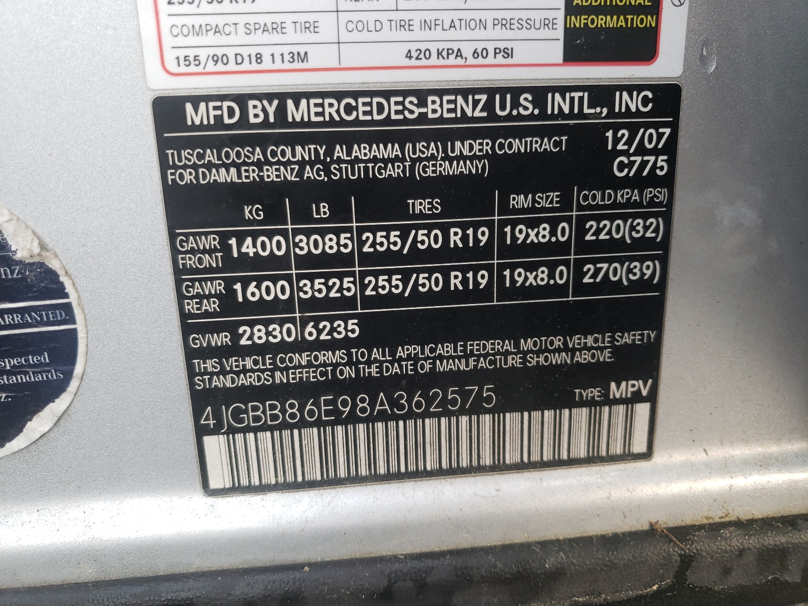 Photo 10 from auction – 2008 MERCEDES-BENZ ML 350 with VIN 4JGBB86E98A362575