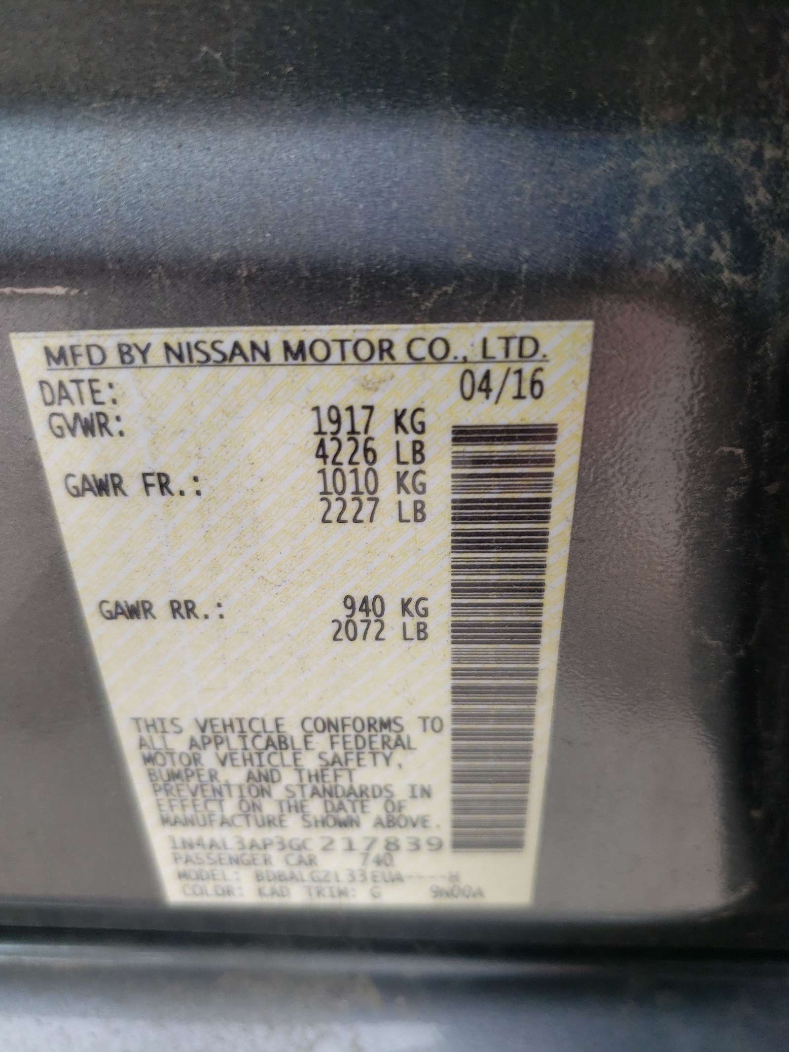 Photo 10 from auction – 2016 NISSAN ALTIMA 2.5 with VIN 1N4AL3AP3GC217839