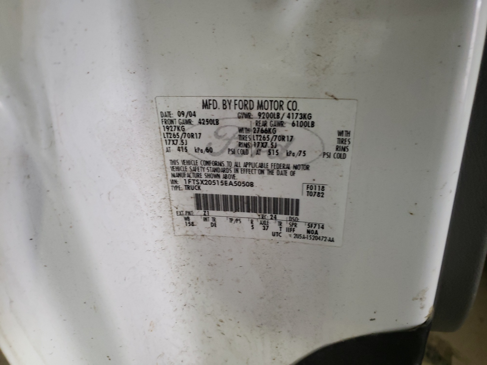 Photo 10 from auction – 2005 FORD F250 SUPER with VIN 1FTSX20515EA50508