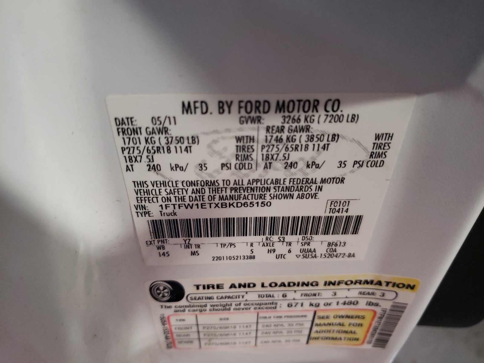 Photo 10 from auction – 2011 FORD F150 SUPER with VIN 1FTFW1ETXBKD65150