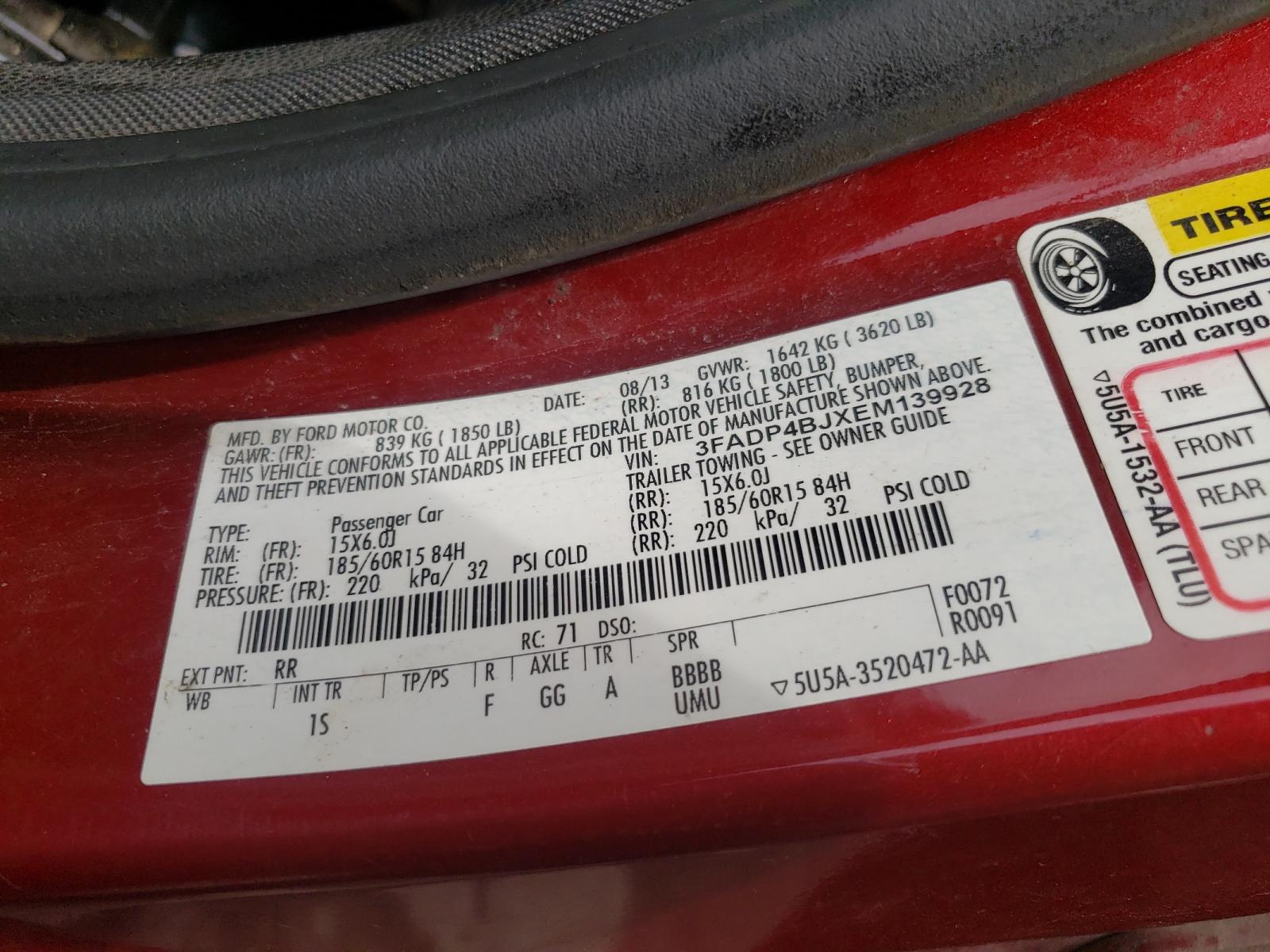 Photo 10 from auction – 2014 FORD FIESTA SE with VIN 3FADP4BJXEM139928