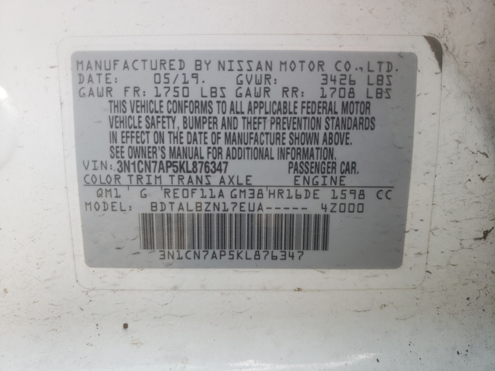 Photo 10 from auction – 2019 NISSAN VERSA S with VIN 3N1CN7AP5KL876347