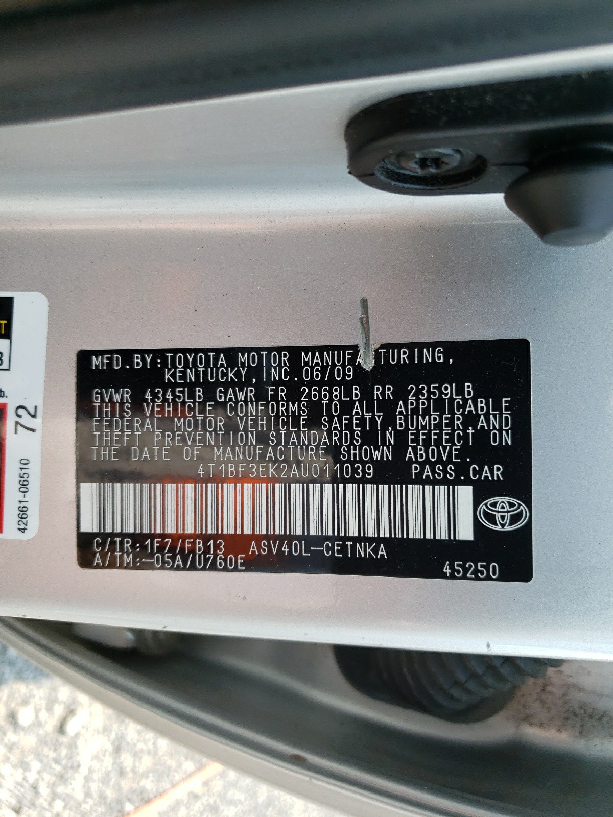 Photo 10 from auction – 2010 TOYOTA CAMRY BASE with VIN 4T1BF3EK2AU011039