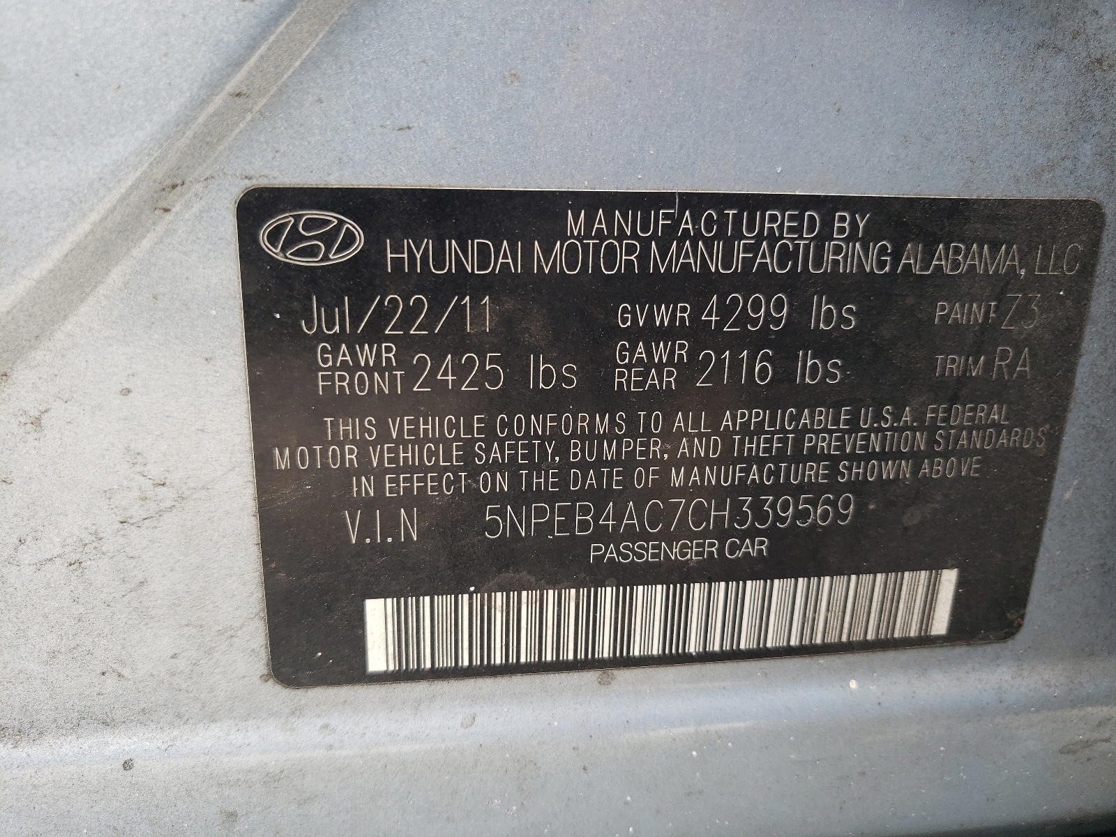 Photo 10 from auction – 2012 HYUNDAI SONATA with VIN 5NPEB4AC7CH339569