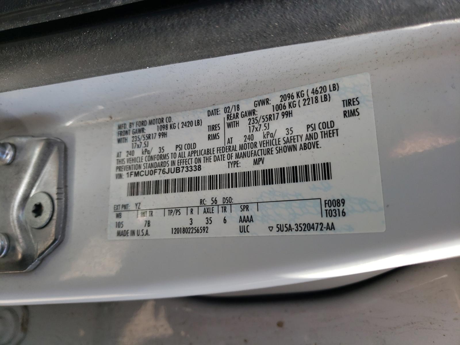 Photo 10 from auction – 2018 FORD ESCAPE S with VIN 1FMCU0F76JUB73338