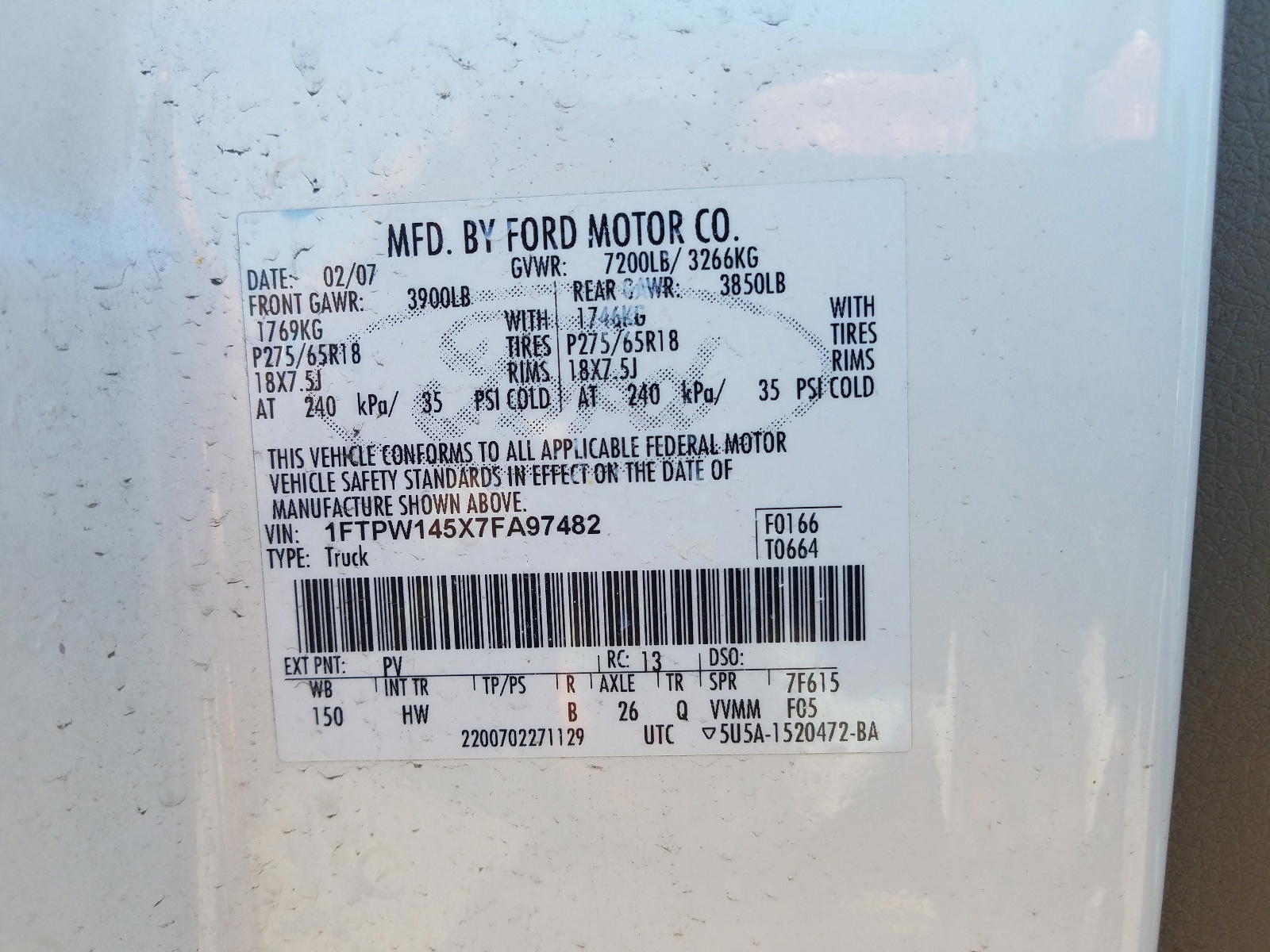 Photo 10 from auction – 2007 FORD F-150 with VIN 1FTPW145X7FA97482