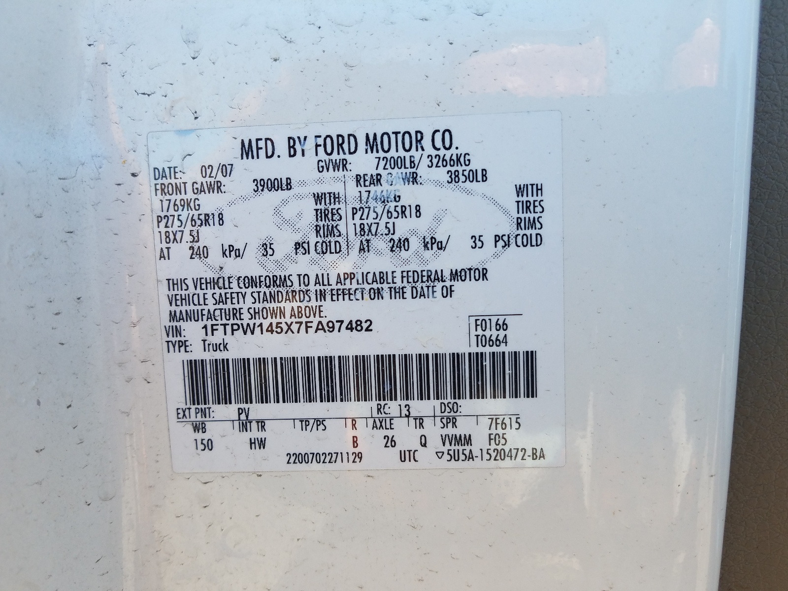 Zdjęcie 10 z aukcji – 2007 FORD F-150 z VIN 1FTPW145X7FA97482