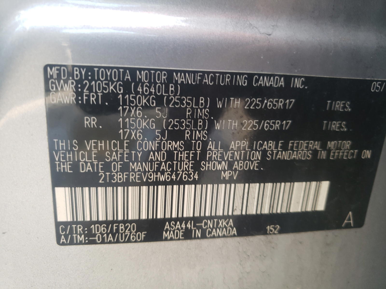 Photo 10 from auction – 2017 TOYOTA RAV4 LE with VIN 2T3BFREV9HW647634