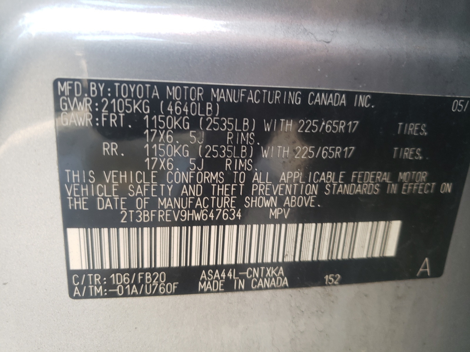 Zdjęcie 10 z aukcji – 2017 TOYOTA RAV4 LE z VIN 2T3BFREV9HW647634