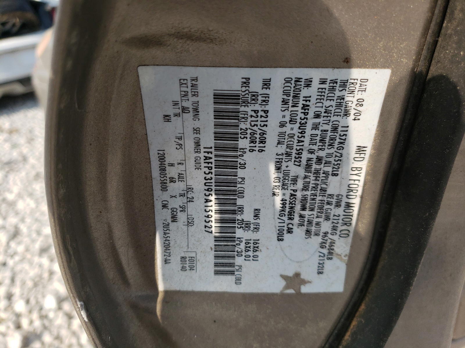 Photo 10 from auction – 2005 FORD TAURUS SE with VIN 1FAFP53U95A159527