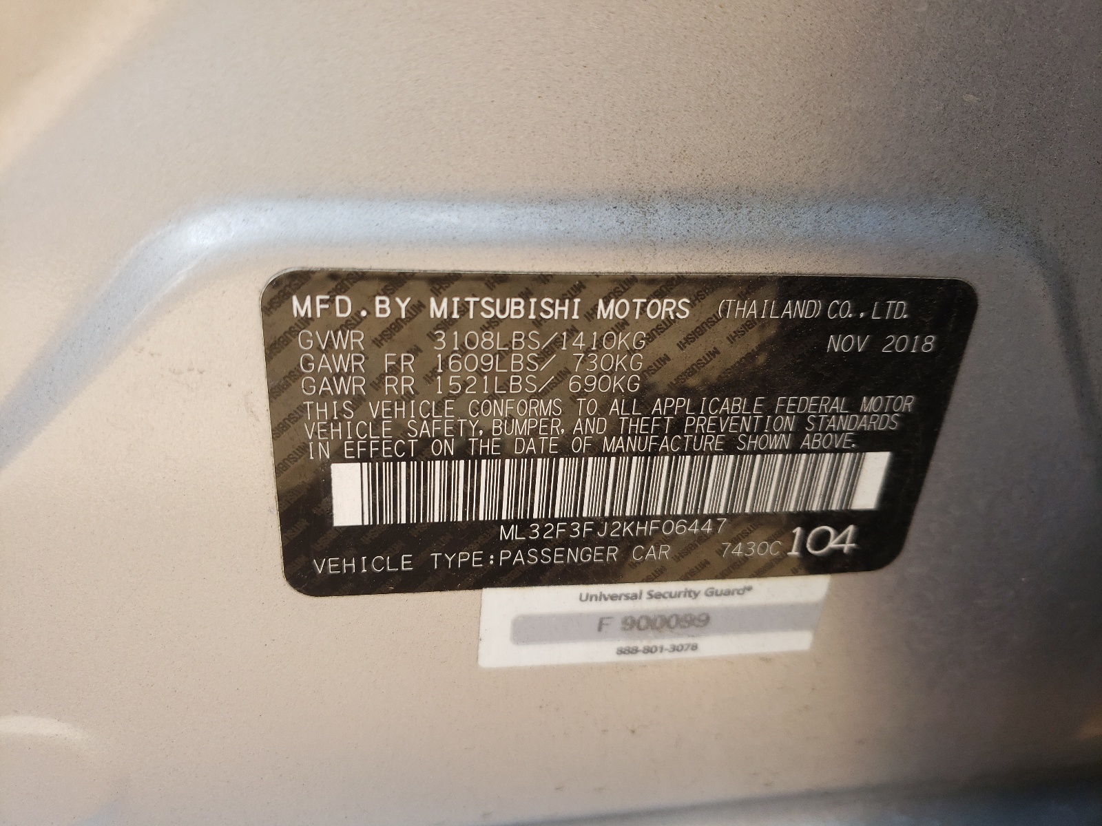 Photo 10 from auction – 2019 MITSUBISHI MIRAGE G4 with VIN ML32F3FJ2KHF06447