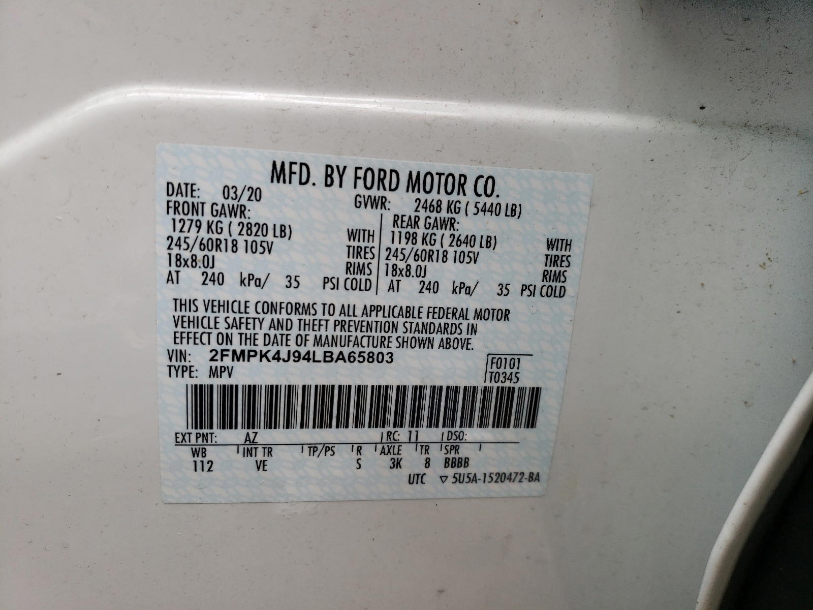 Photo 10 from auction – 2020 FORD EDGE SEL with VIN 2FMPK4J94LBA65803