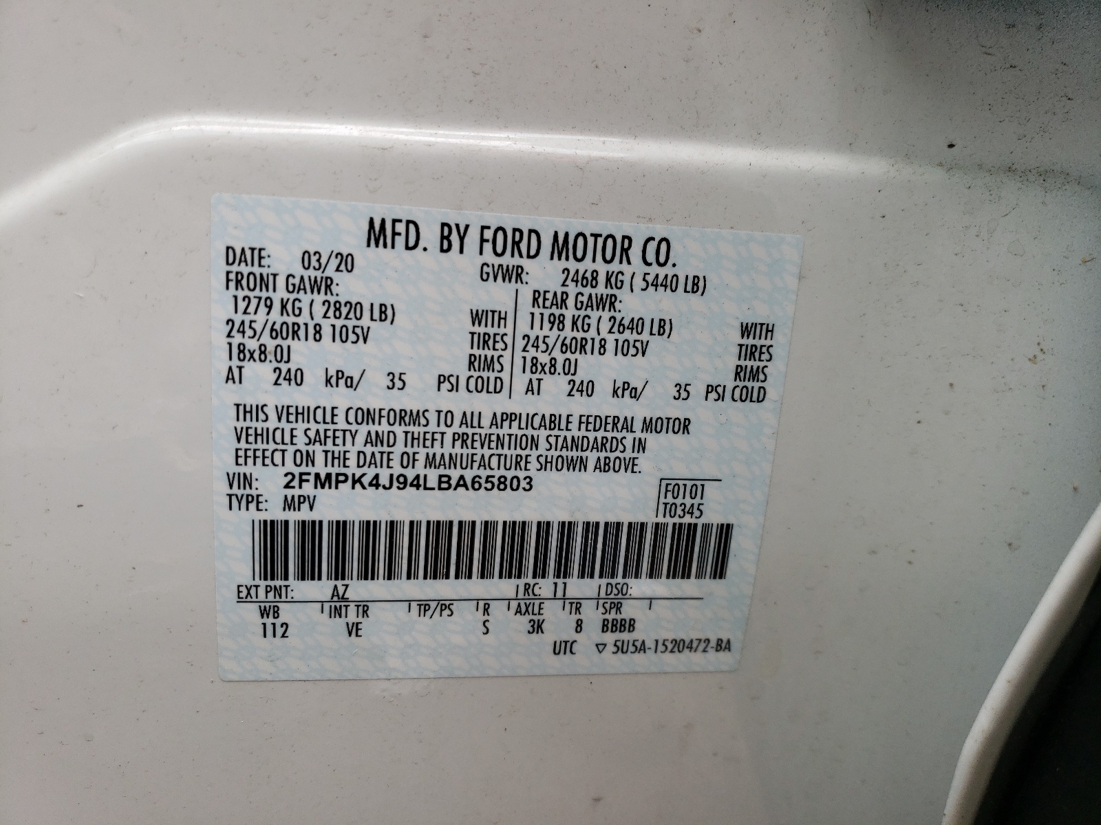 Zdjęcie 10 z aukcji – 2020 FORD EDGE SEL z VIN 2FMPK4J94LBA65803