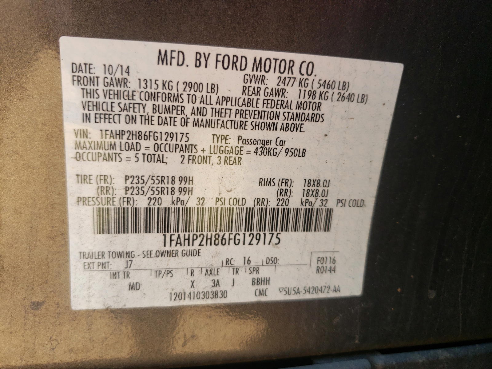 Photo 10 from auction – 2015 FORD TAURUS SEL with VIN 1FAHP2H86FG129175