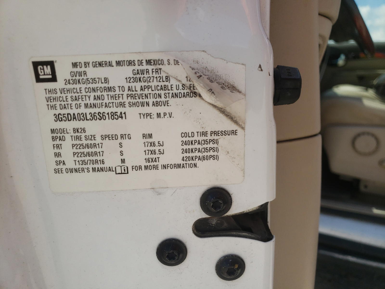 Photo 10 from auction – 2006 BUICK RENDEZVOUS with VIN 3G5DA03L36S618541