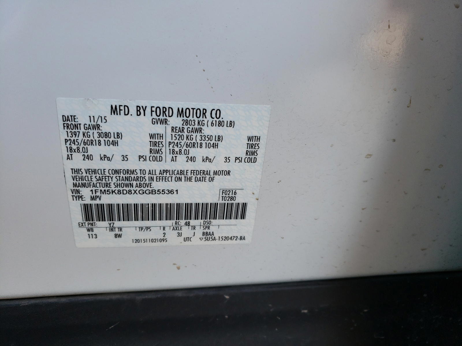 Photo 10 from auction – 2016 FORD EXPLORER X with VIN 1FM5K8D8XGGB55361