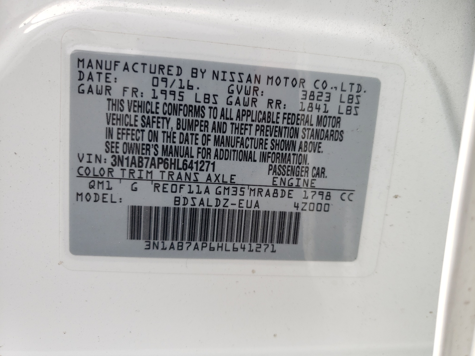 Photo 10 from auction – 2017 NISSAN SENTRA S with VIN 3N1AB7AP6HL641271