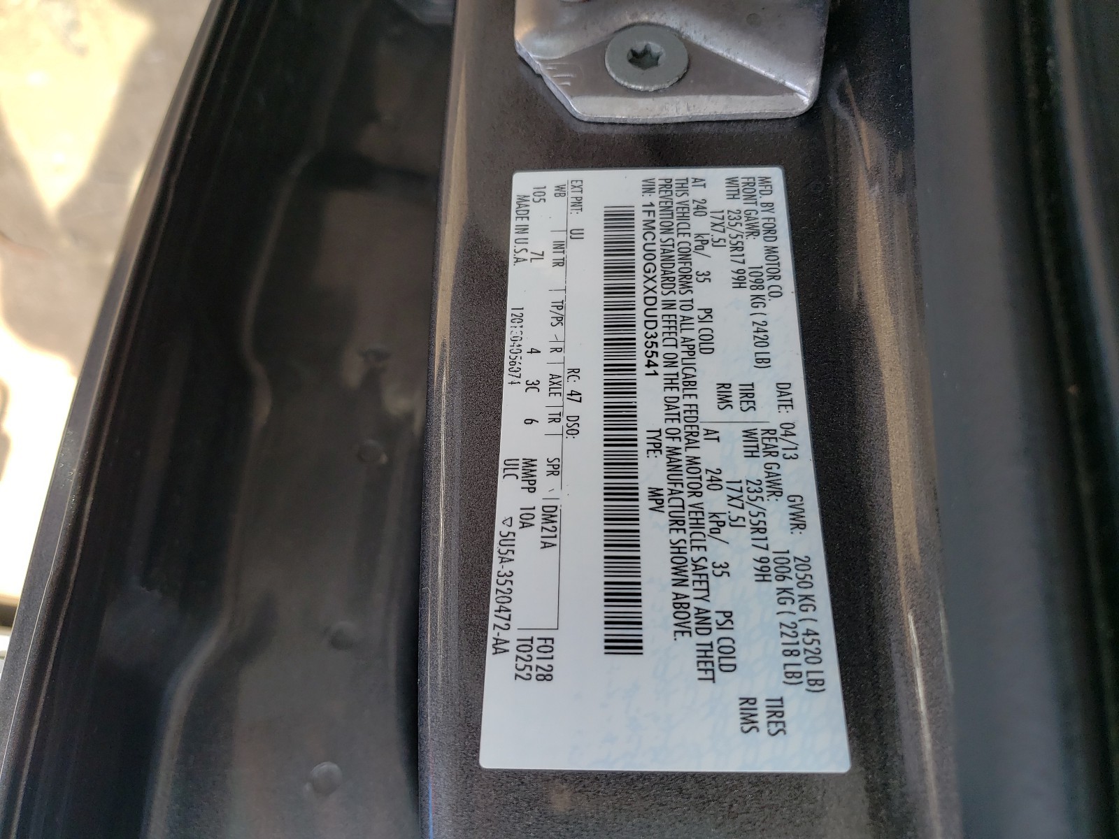 Photo 10 from auction – 2013 FORD ESCAPE SE with VIN 1FMCU0GXXDUD35541
