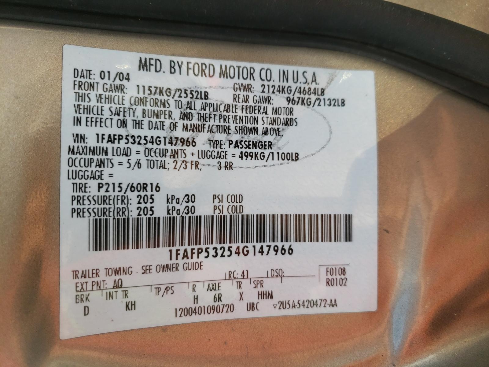 Photo 10 from auction – 2004 FORD TAURUS SE with VIN 1FAFP53254G147966