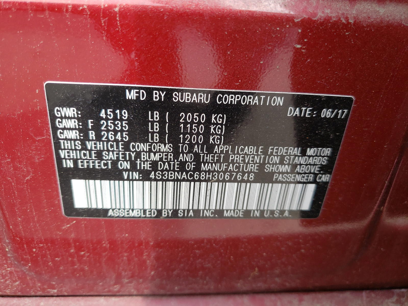 Photo 10 from auction – 2017 SUBARU LEGACY 2.5 with VIN 4S3BNAC68H3067648