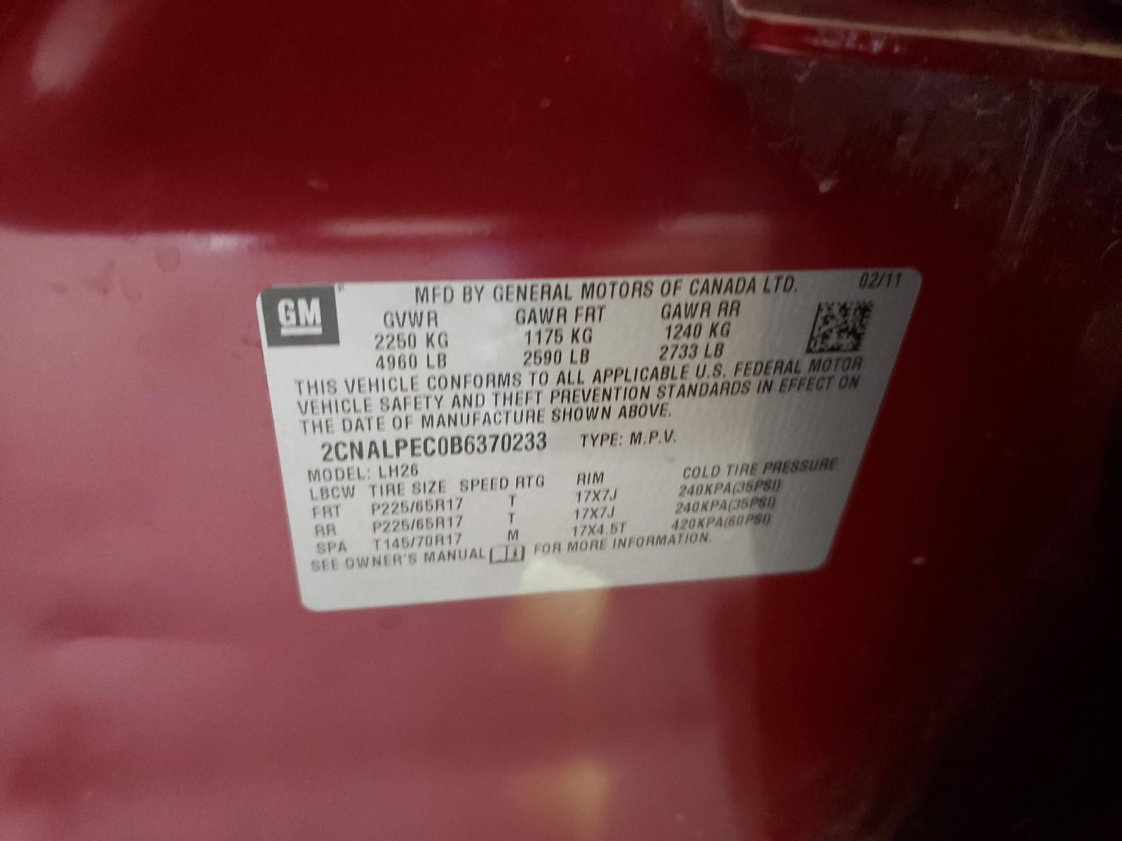 Photo 10 from auction – 2011 CHEVROLET EQUINOX LT with VIN 2CNALPEC0B6370233