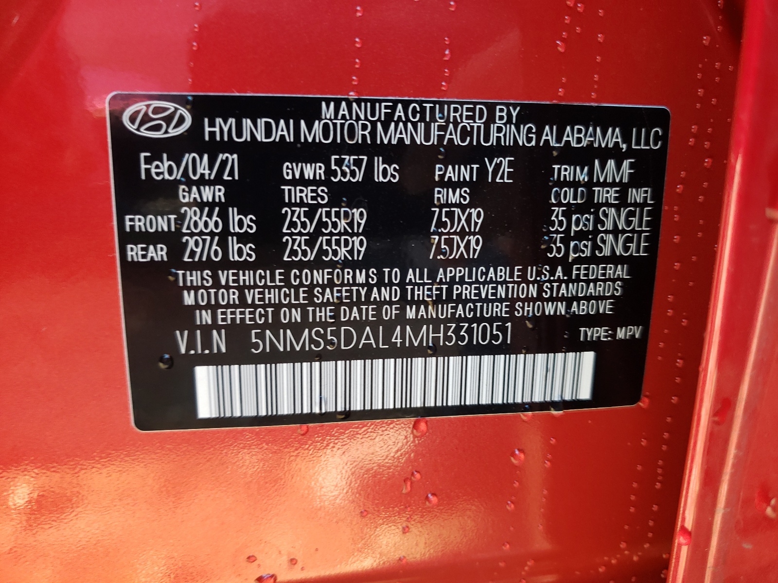 Photo 10 from auction – 2021 HYUNDAI SANTA FE C with VIN 5NMS5DAL4MH331051