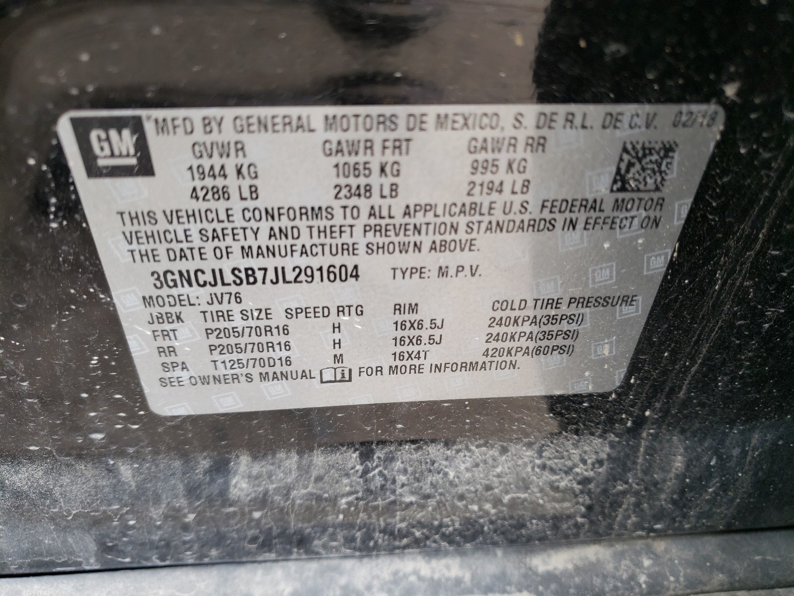 Photo 10 from auction – 2018 CHEVROLET TRAX 1LT with VIN 3GNCJLSB7JL291604