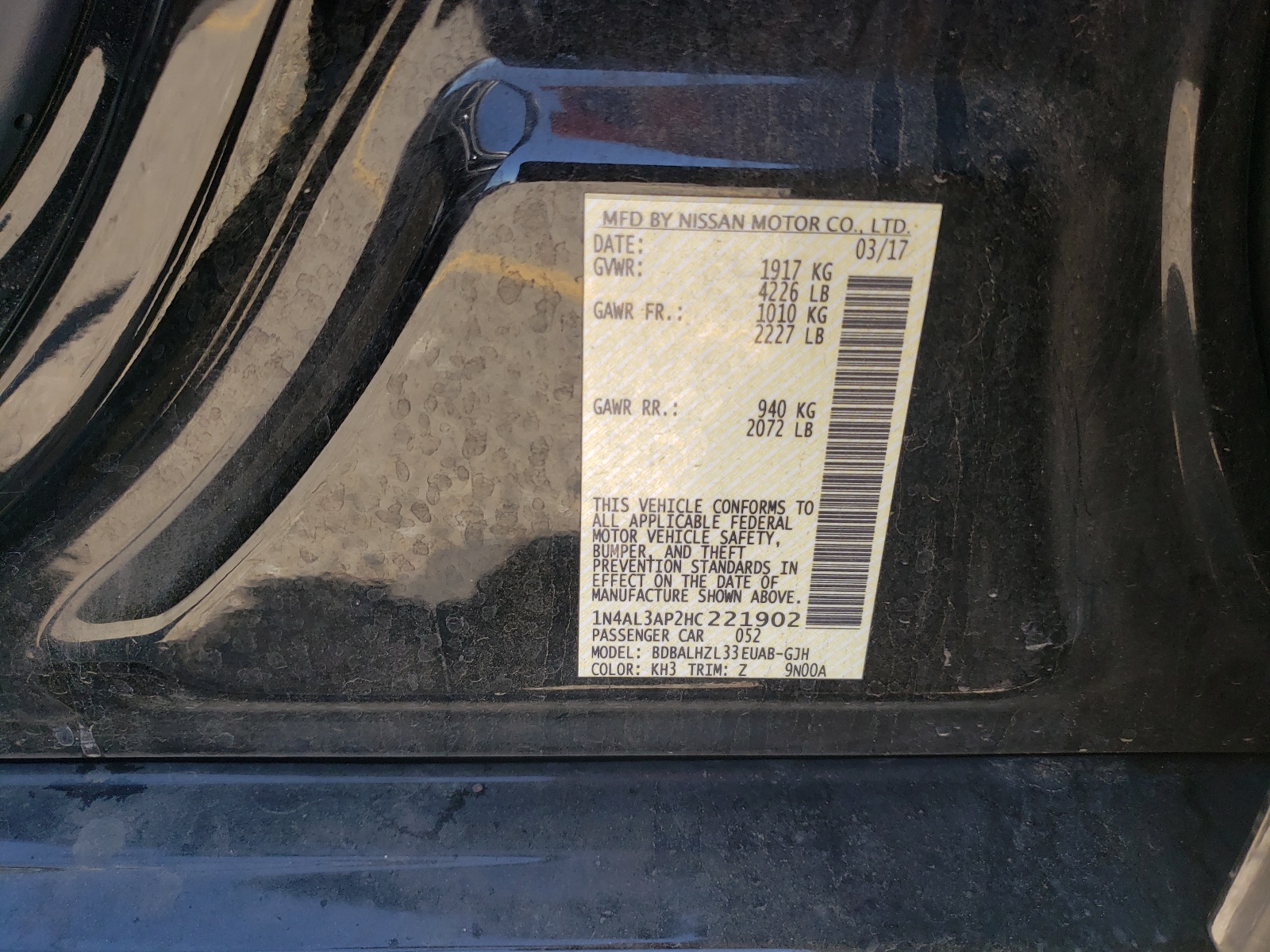 Photo 10 from auction – 2017 NISSAN ALTIMA 2.5 with VIN 1N4AL3AP2HC221902