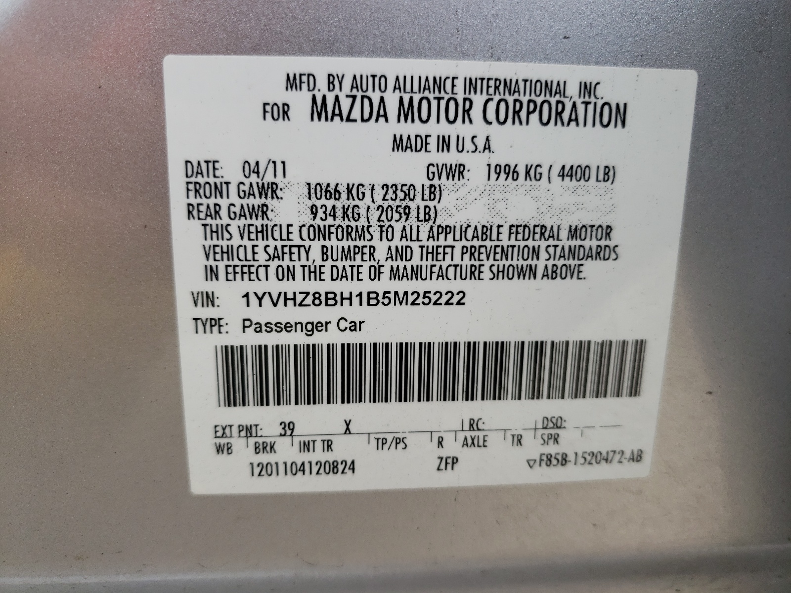 Photo 10 from auction – 2011 MAZDA 6 I with VIN 1YVHZ8BH1B5M25222