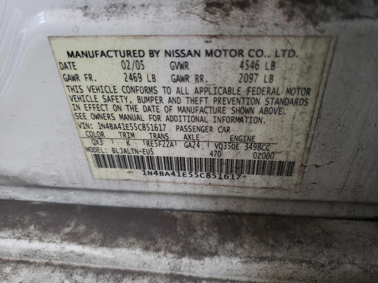 Photo 10 from auction – 2005 NISSAN MAXIMA SE with VIN 1N4BA41E55C851617