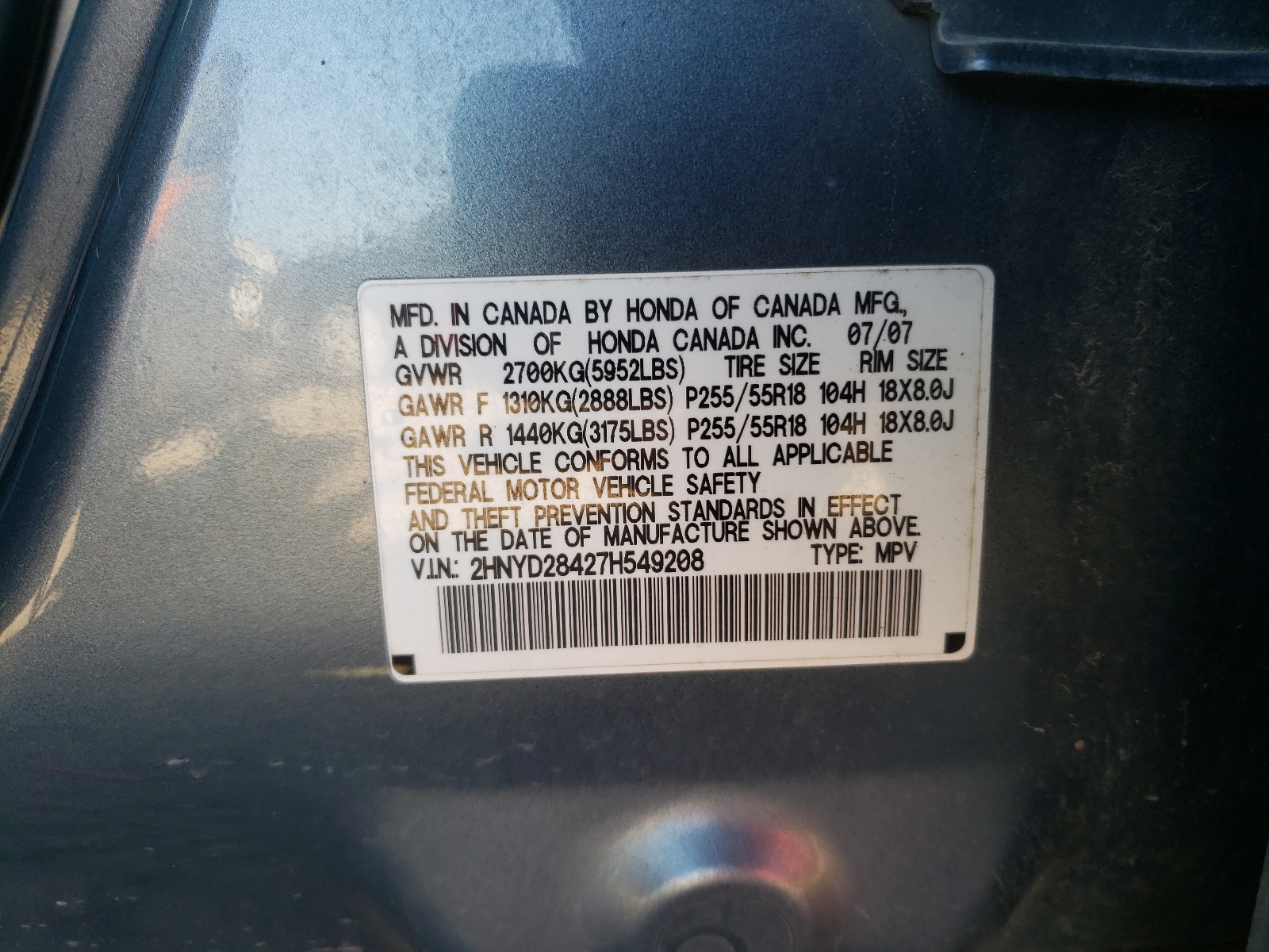 Photo 10 from auction – 2007 ACURA MDX with VIN 2HNYD28427H549208