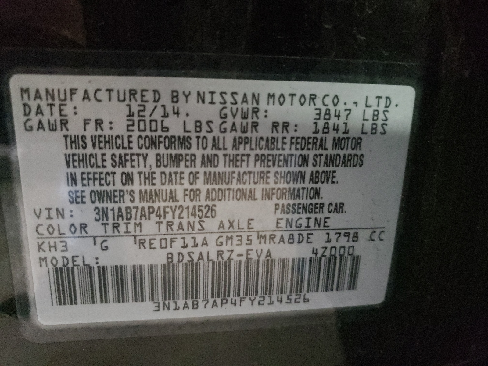 Photo 10 from auction – 2015 NISSAN SENTRA S with VIN 3N1AB7AP4FY214526