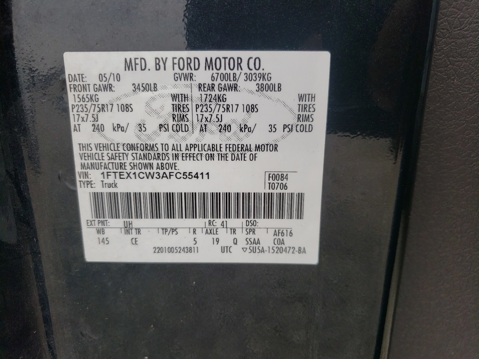 Photo 10 from auction – 2010 FORD F150 SUPER with VIN 1FTEX1CW3AFC55411