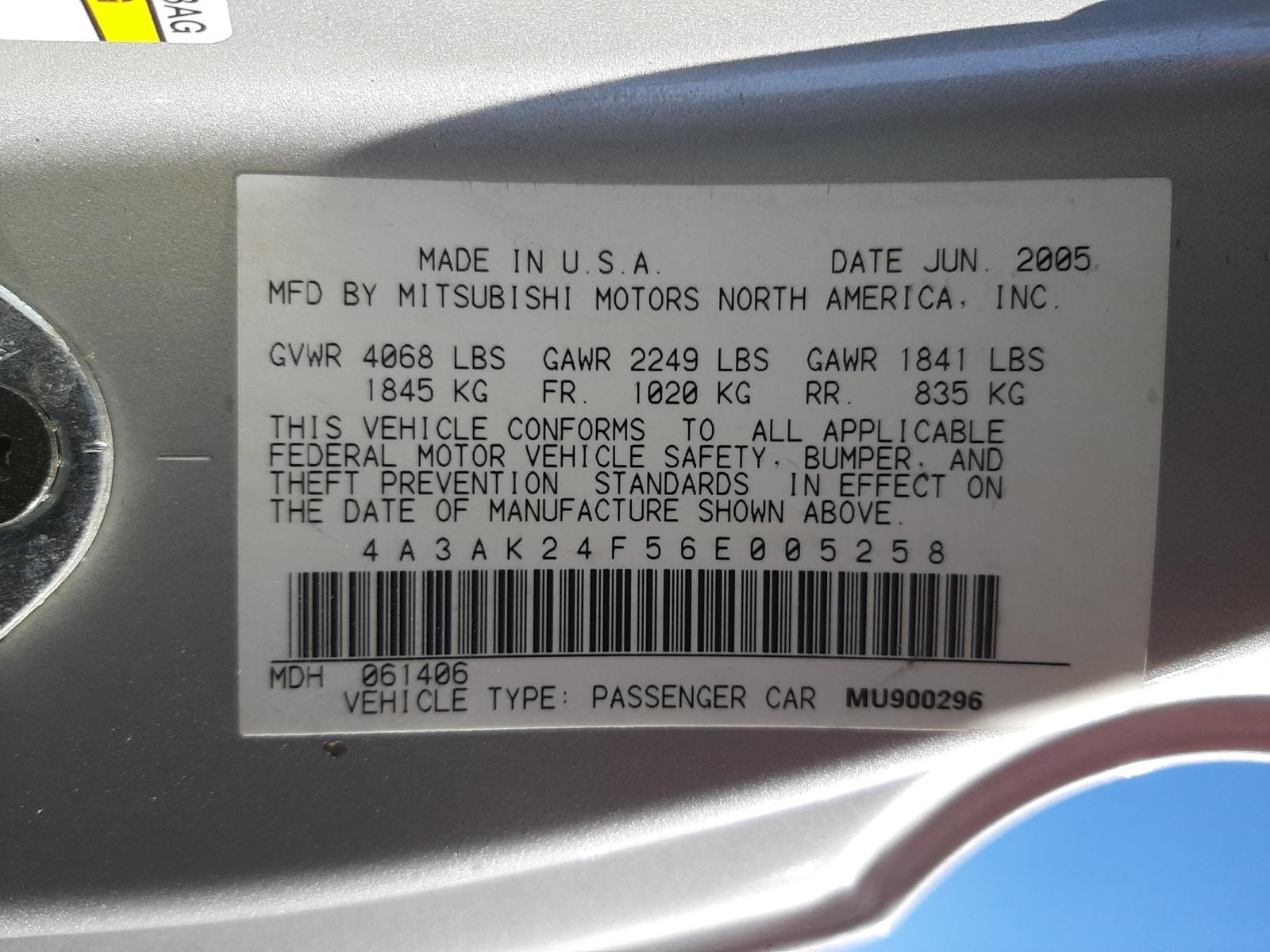 Photo 10 from auction – 2006 MITSUBISHI ECLIPSE GS with VIN 4A3AK24F56E005258