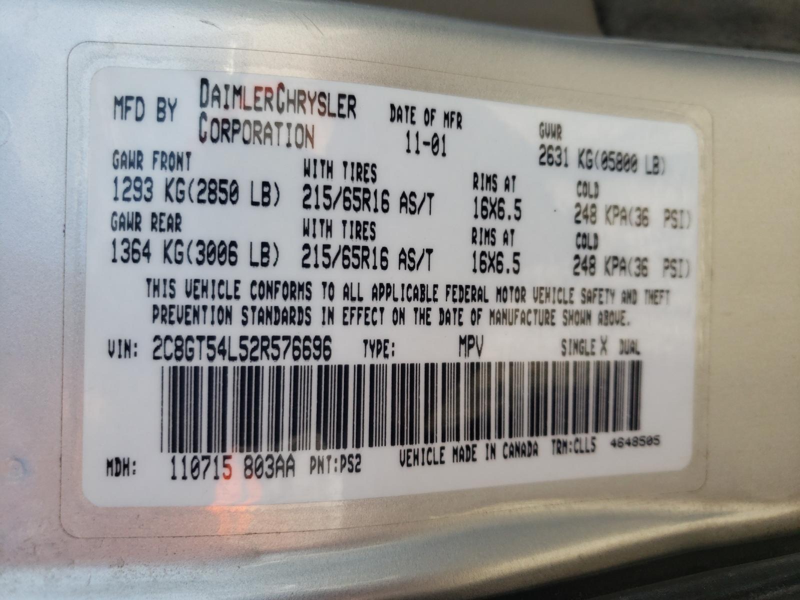 Photo 10 from auction – 2002 CHRYSLER TOWN & COU with VIN 2C8GT54L52R576696