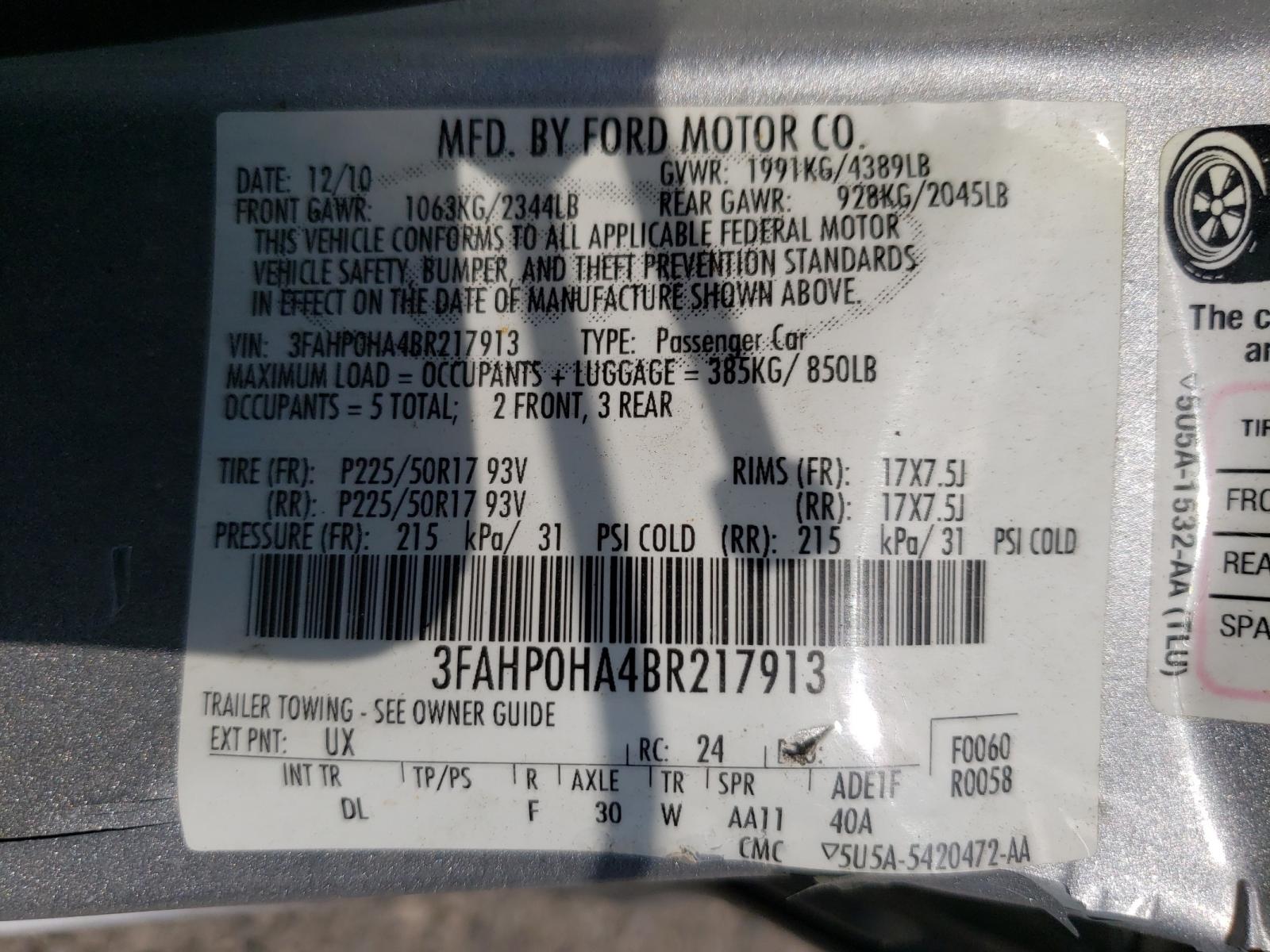 Photo 10 from auction – 2011 FORD FUSION SE with VIN 3FAHP0HA4BR217913