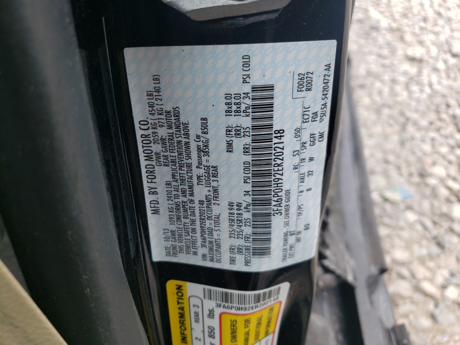 Photo 9 from auction – 2014 FORD FUSION SE with VIN 3FA6P0H92ER202148