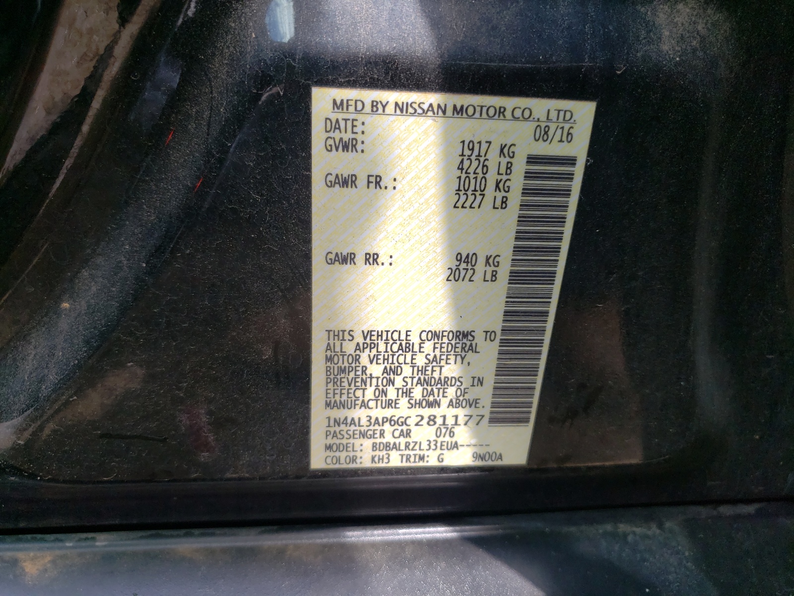 Photo 10 from auction – 2016 NISSAN ALTIMA 2.5 with VIN 1N4AL3AP6GC281177