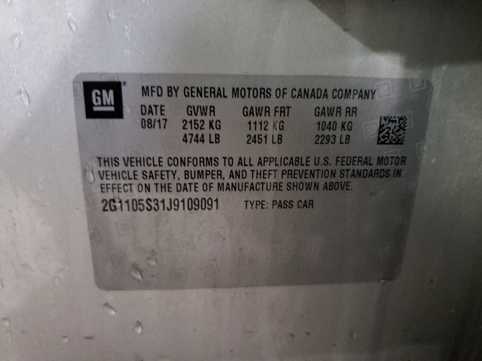 Photo 10 from auction – 2018 CHEVROLET IMPALA LT with VIN 2G1105S31J9109091